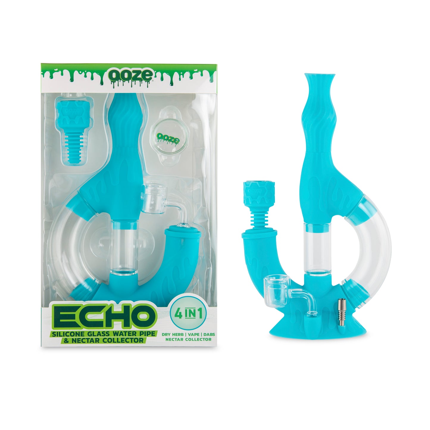 Ooze Echo Silicone Water Pipe, Dab Rig & Dab Straw - Aqua Teal