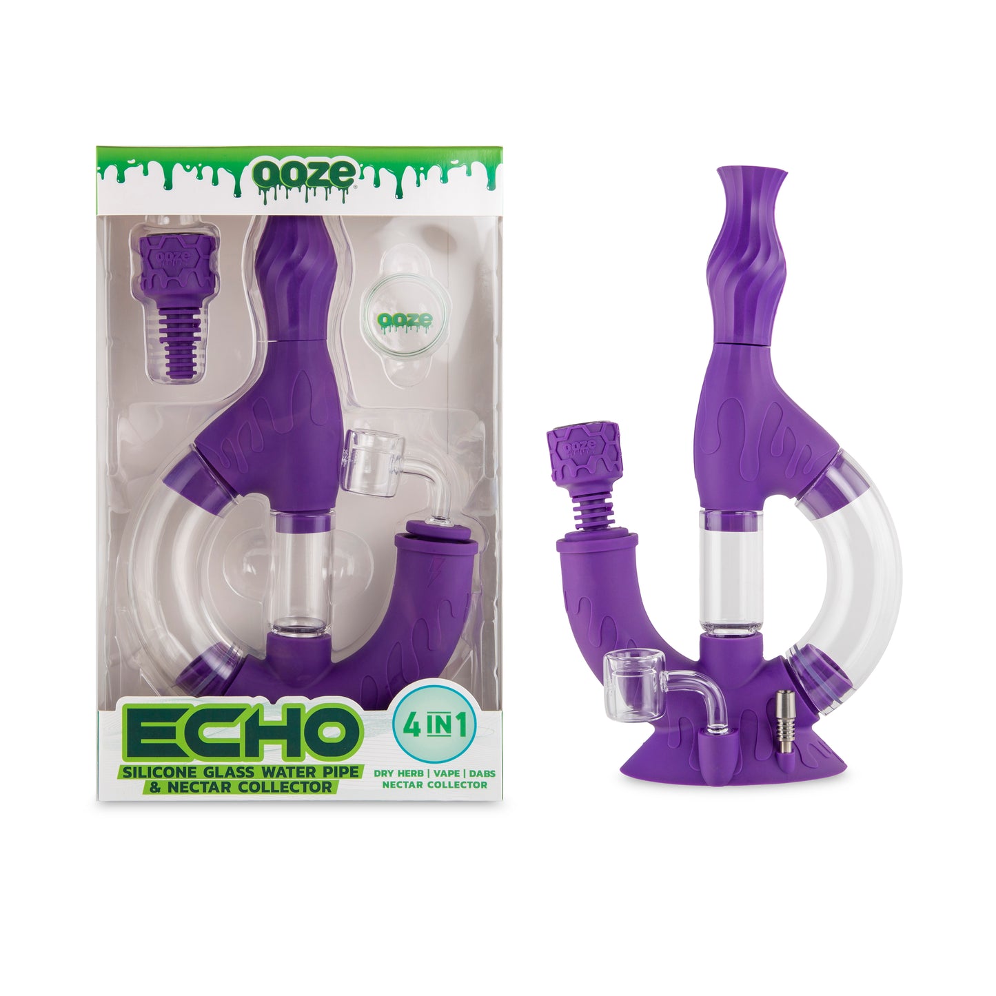 Ooze Echo Silicone Water Pipe, Dab Rig & Dab Straw - Ultra Purple