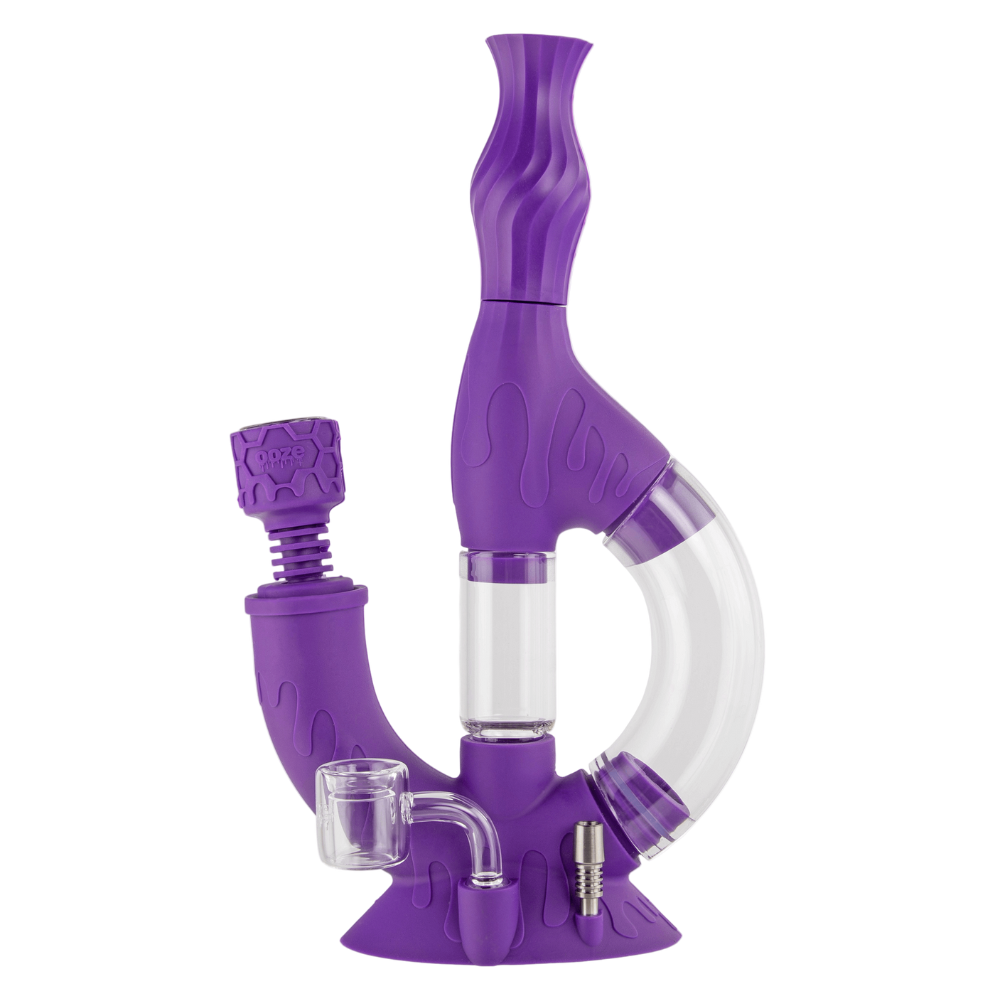 Purple silicone Echo bong with bowl attachment inserted in downstem
