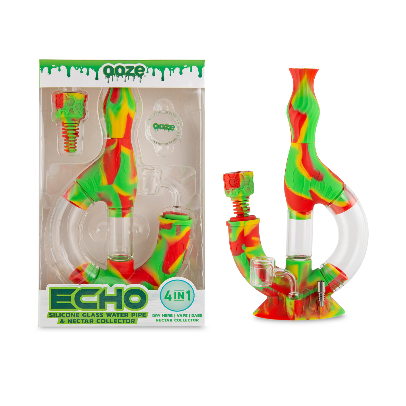 Ooze Echo Silicone Water Pipe, Dab Rig & Dab Straw - Rasta