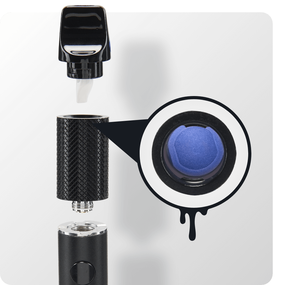 close-up image showcasing breakdown of black Beacon dab pen specs