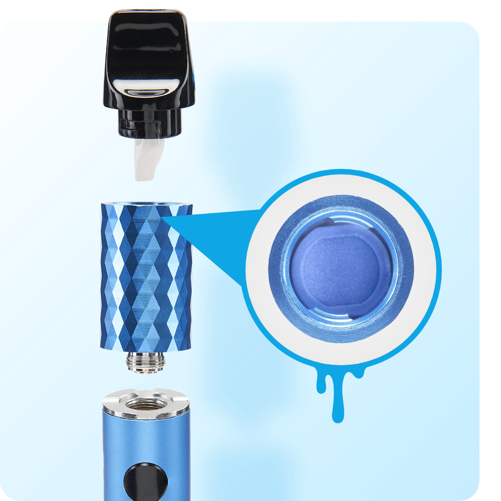 close-up image showcasing breakdown of blue Beacon dab pen specs