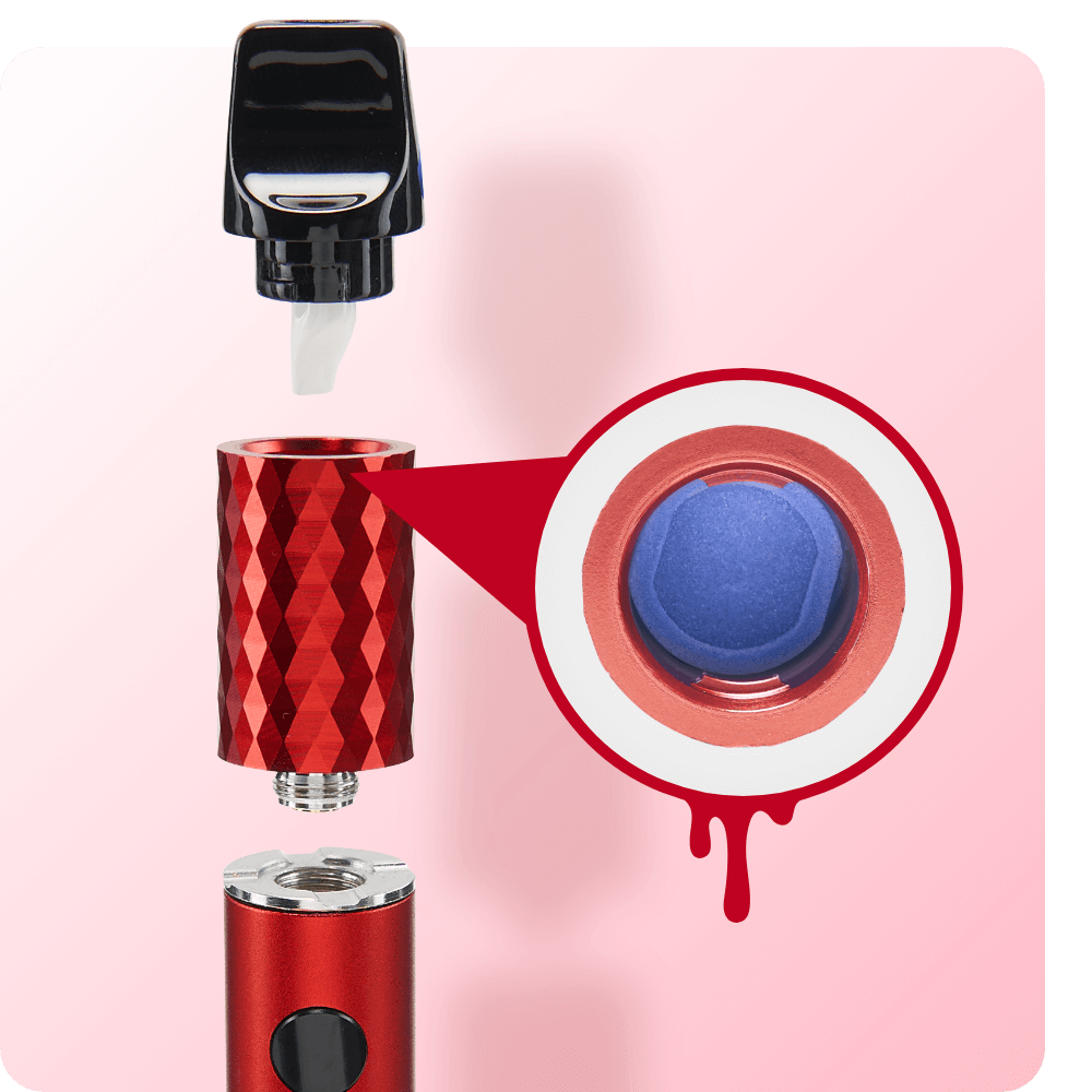 close-up image showcasing breakdown of red and black Beacon dab pen specs