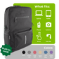 A graphic showing that a laptop, tablet, phone, camera, bong, or dab rig can fit in the Ooze backpack
