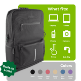 A graphic showing that a laptop, tablet, phone, camera, bong, or dab rig can fit in the Ooze backpack