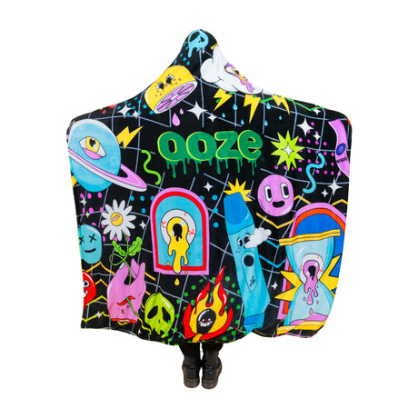 Back view of someone wearing the Time Warp fuzzy hooded blanket