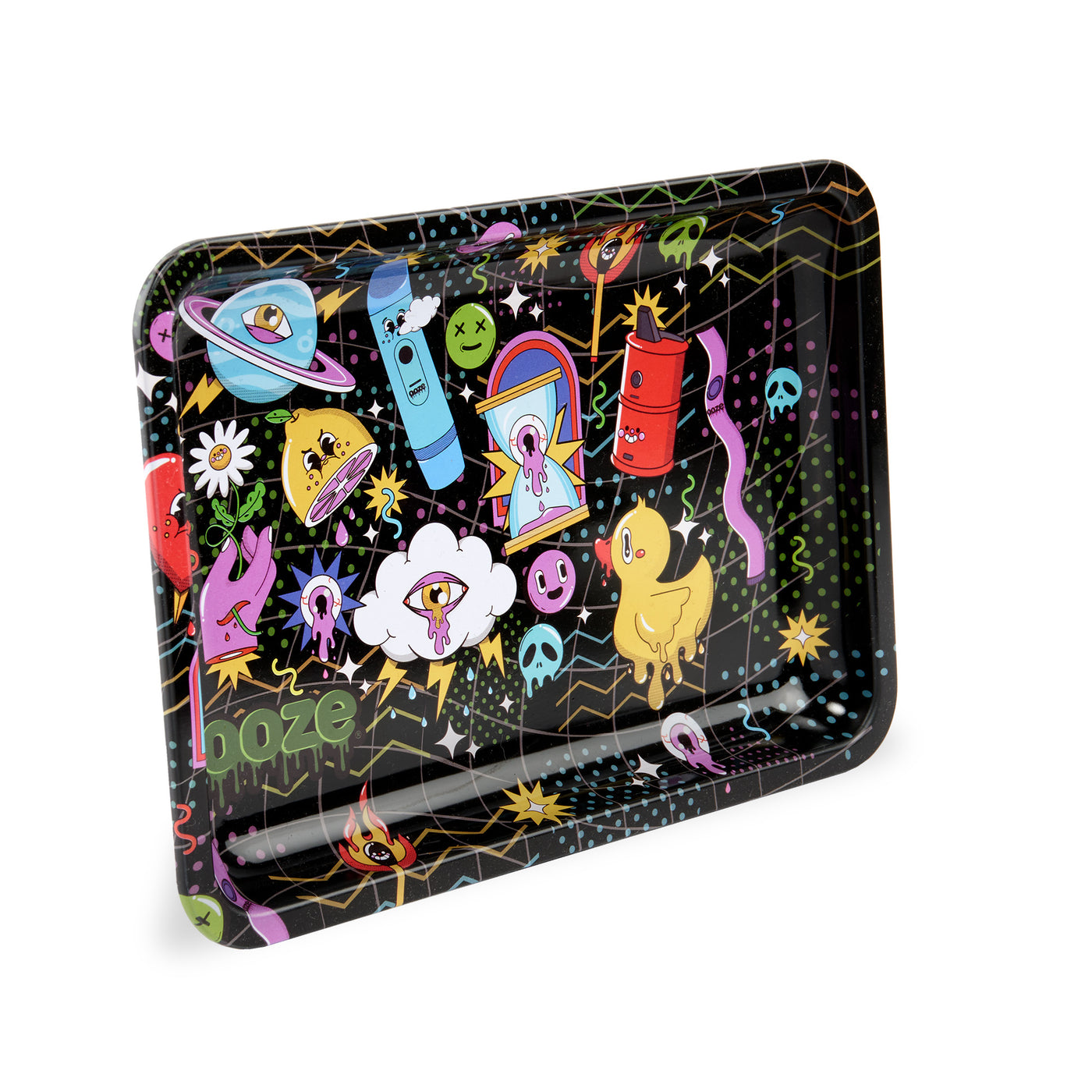 The Ooze Time Warp medium metal rolling tray is propped up, displayed on an angle