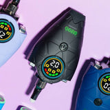 Hover nectar straw devices with digital displays on a pink background