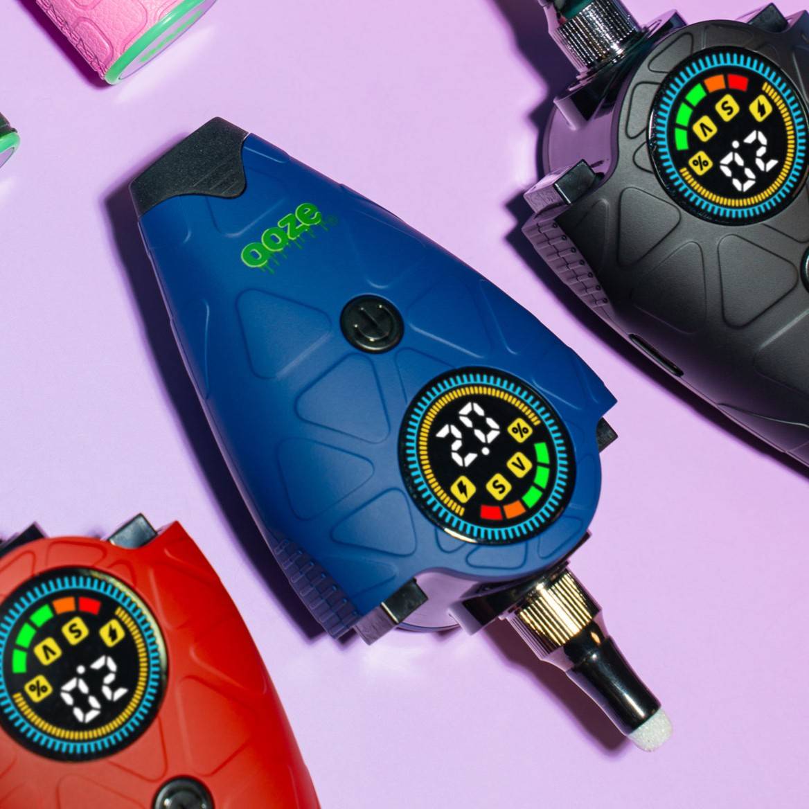 Blue Hover vape device with digital display on a pink background