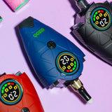 Blue Hover vape device with digital display on a pink background