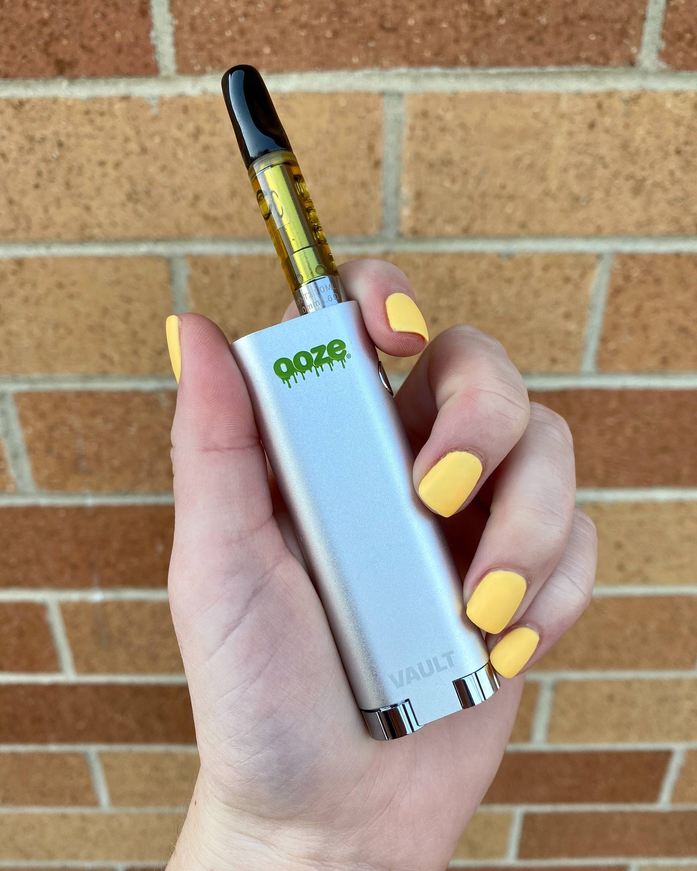 Holding a silver Vault in front of a brick wall