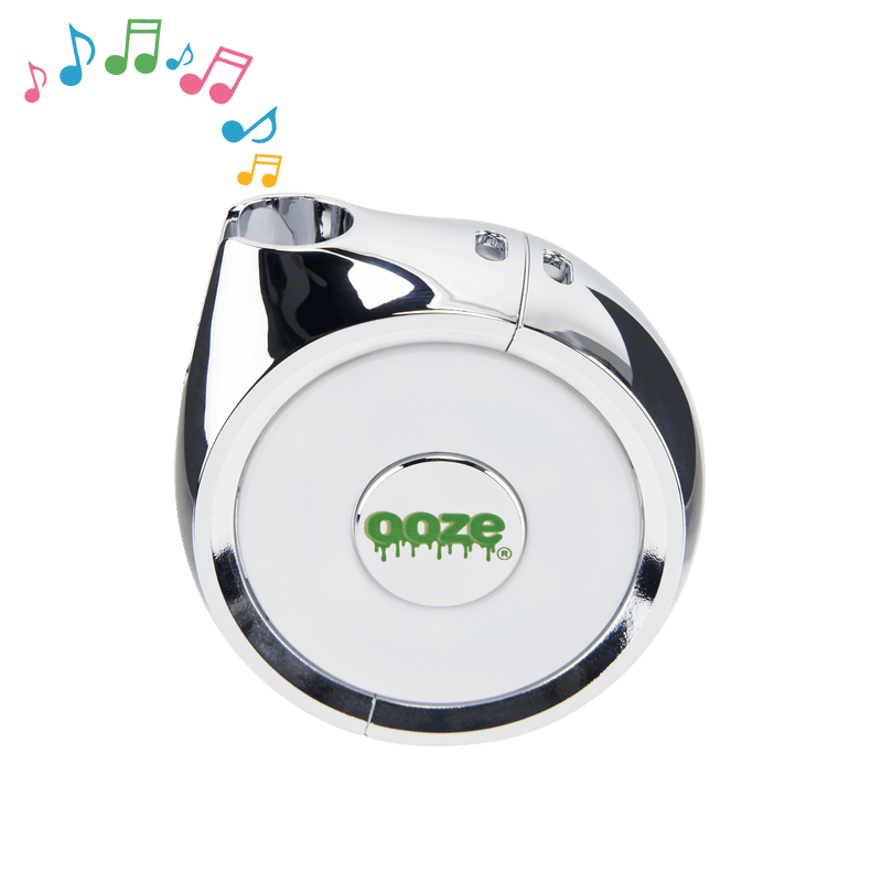 The cosmic chrome Ooze Movez speaker vape has colorful music notes playing