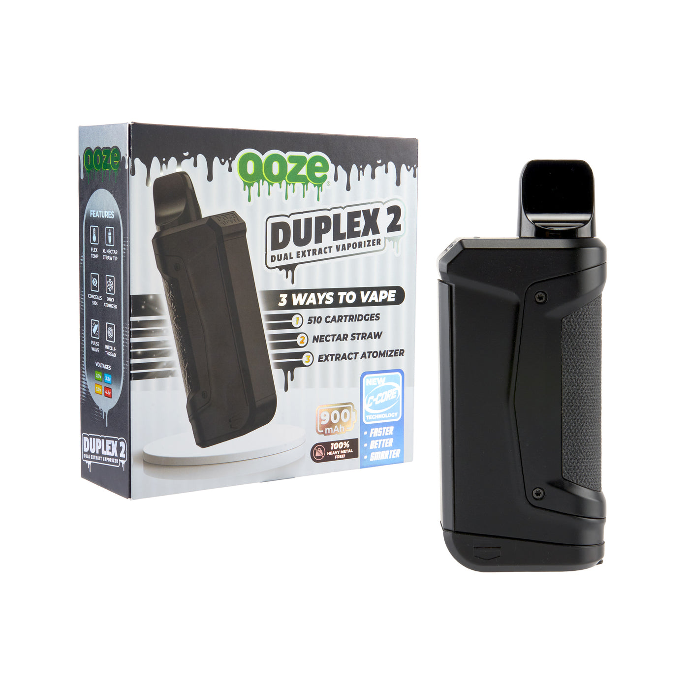 angled view of Duplex 2 black concentrate vaporizer product box with Duplex 2 black concentrate vaporizer outside of box