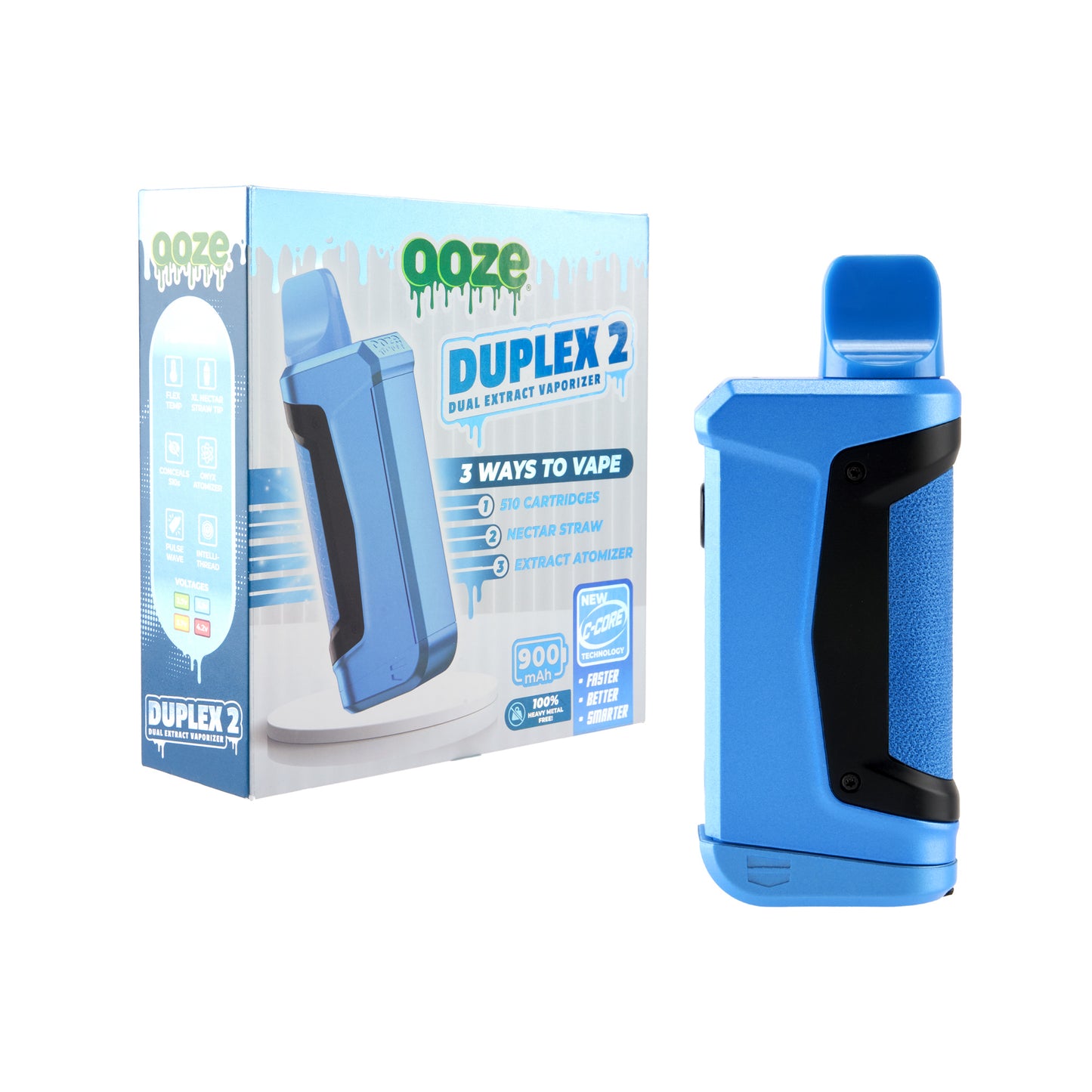 The arctic blue Ooze Duplex 2 extract vaporizer is shown next to the box