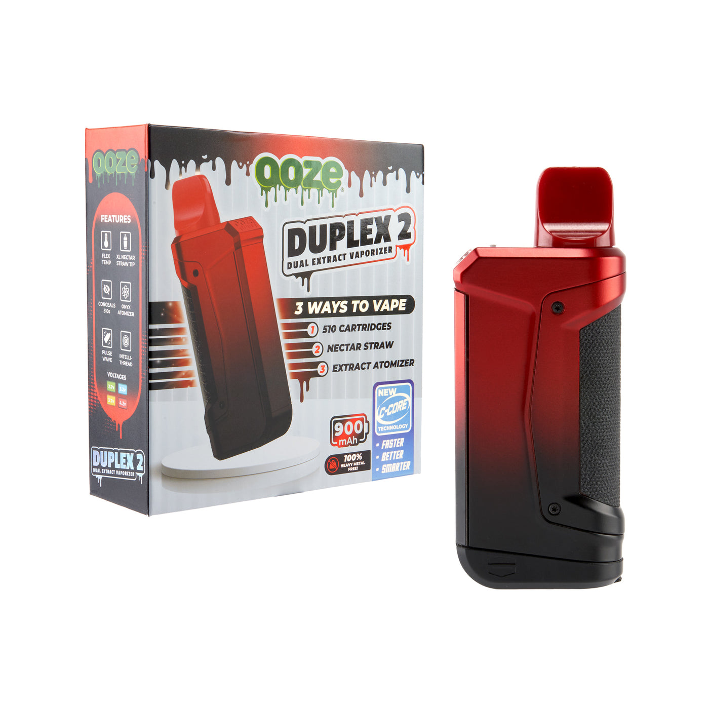 angled view of Duplex 2 red and black concentrate vaporizer product box with Duplex 2 red and black concentrate vaporizer outside of box