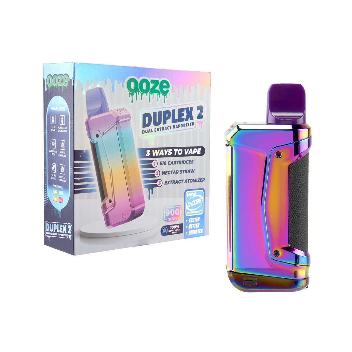 The rainbow Ooze Duplex 2 extract vape is shown next to the box