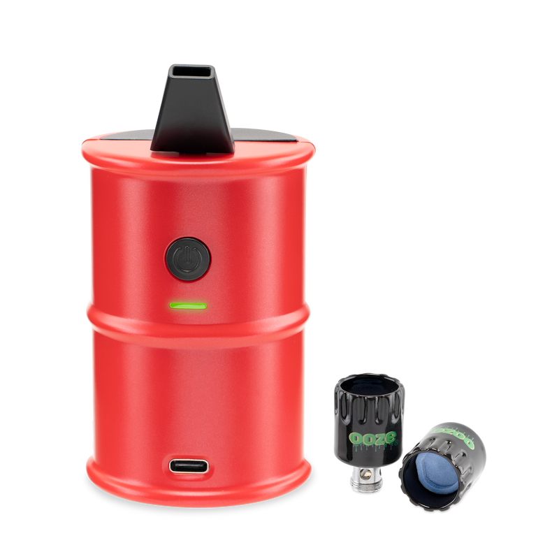 front view of red Electro Barrel electric dab rig with attachments