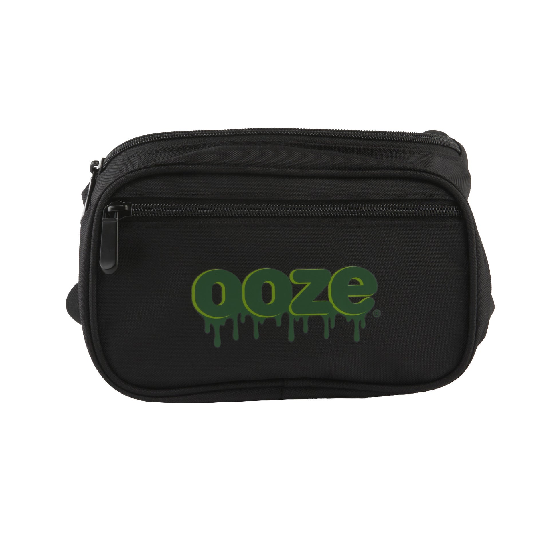 The front of the Ooze black Logo Fanny Pack. The adjustable strap is hidden behind the bag