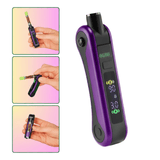 The purple Ooze Hinge battery shown without a cartridge, and hands holding the device in three frames to show the cartridge positions