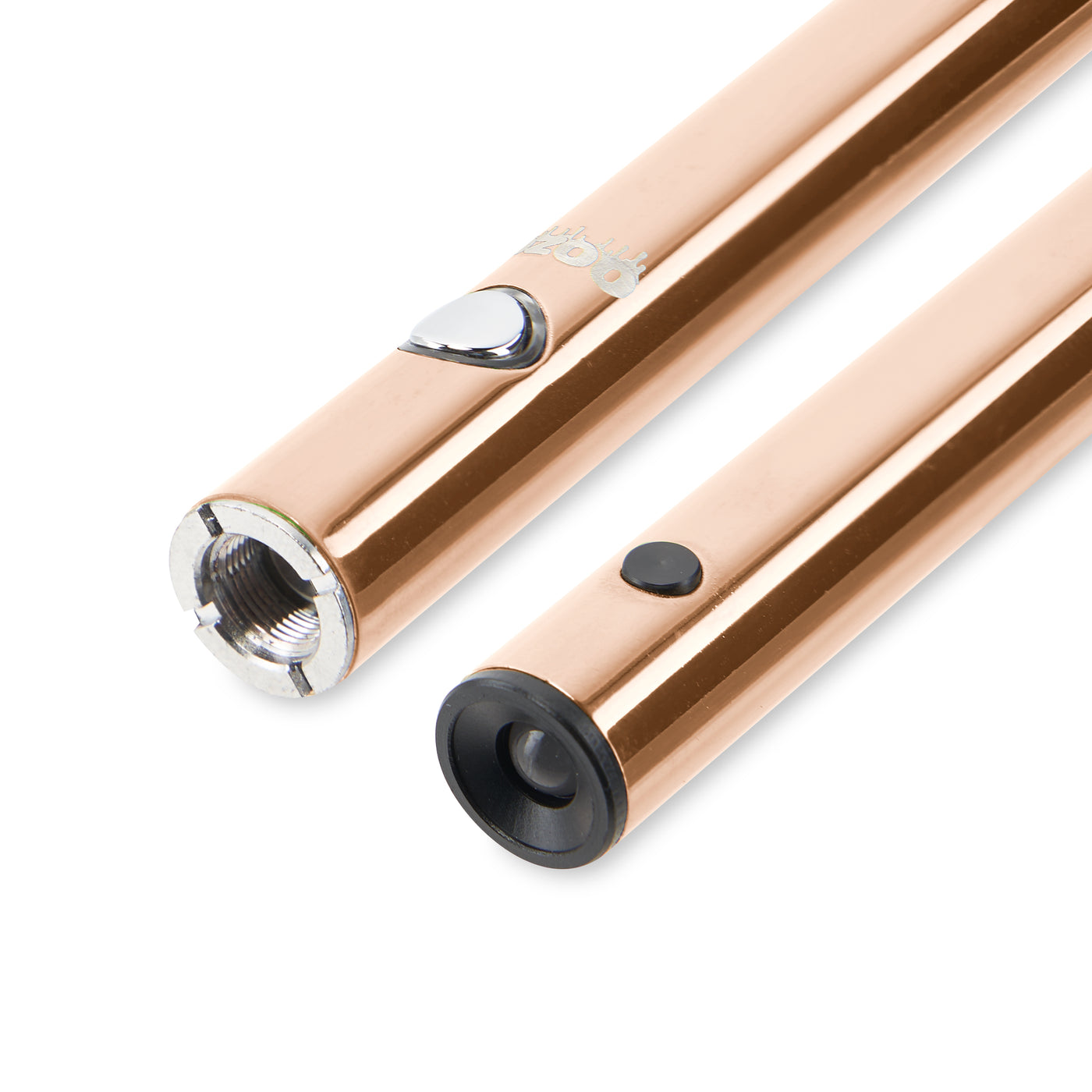 The 510 end and LED end of the rose gold Ooze Wink pen are laying side by side
