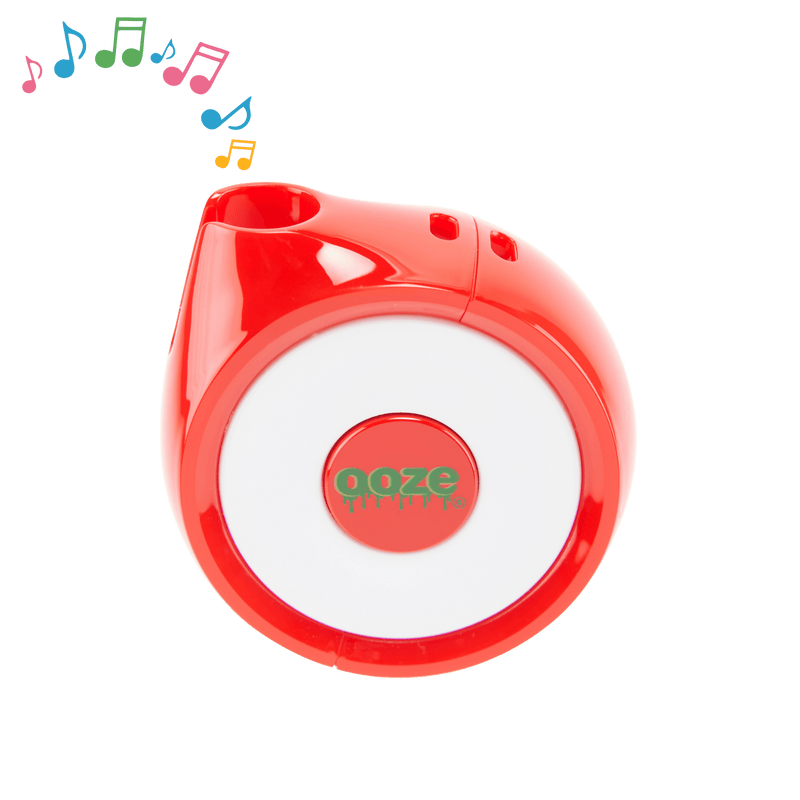 The ruby red Ooze Movez speaker vape has colorful music notes playing