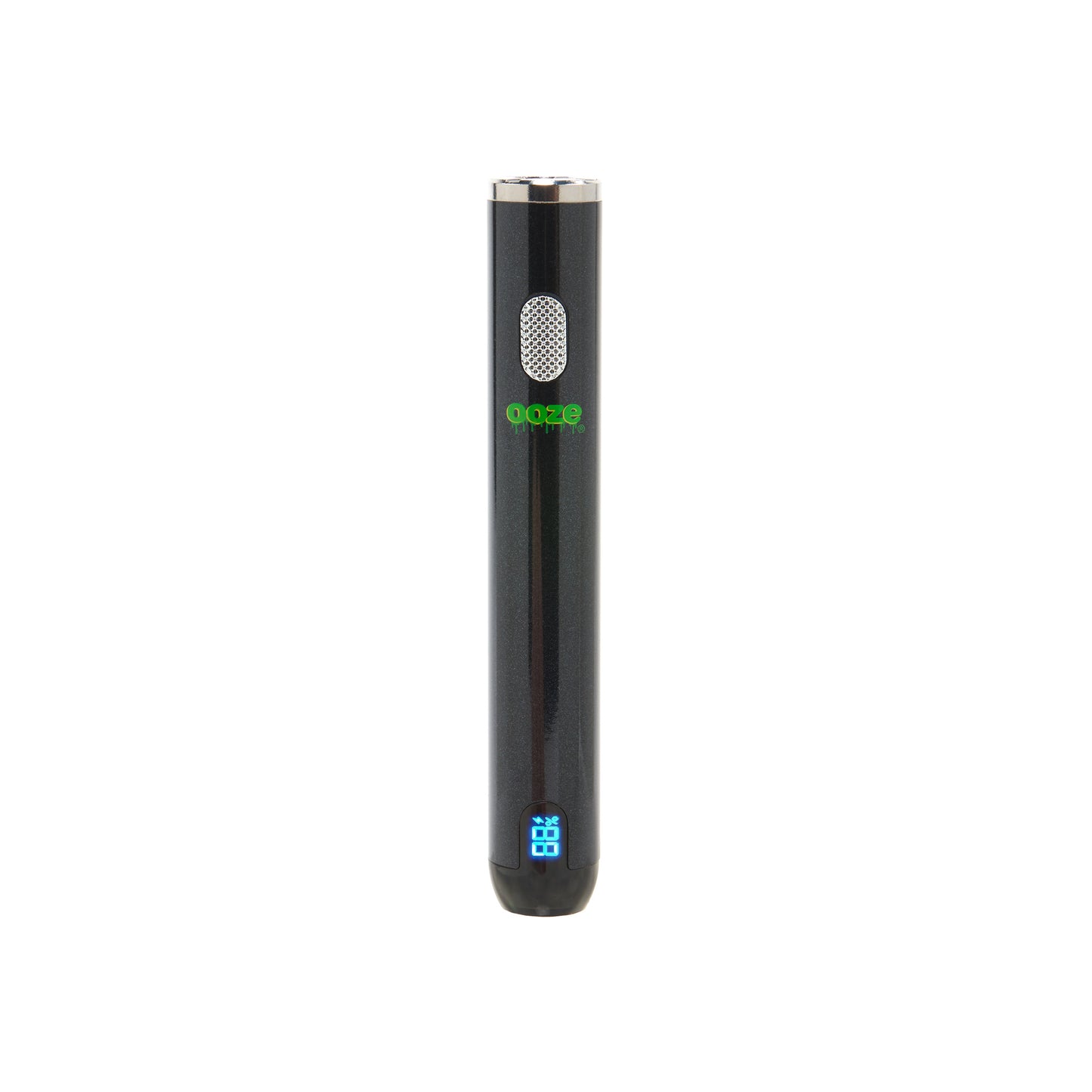 The black Ooze Smart Battery is upright and turned on without the charger