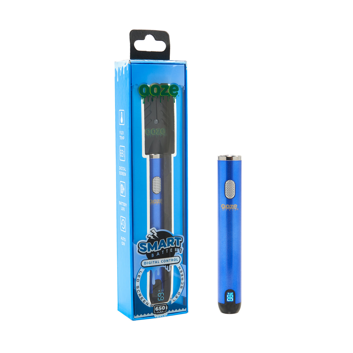 view of angled product box and front view of blue smart vape battery on the outside
