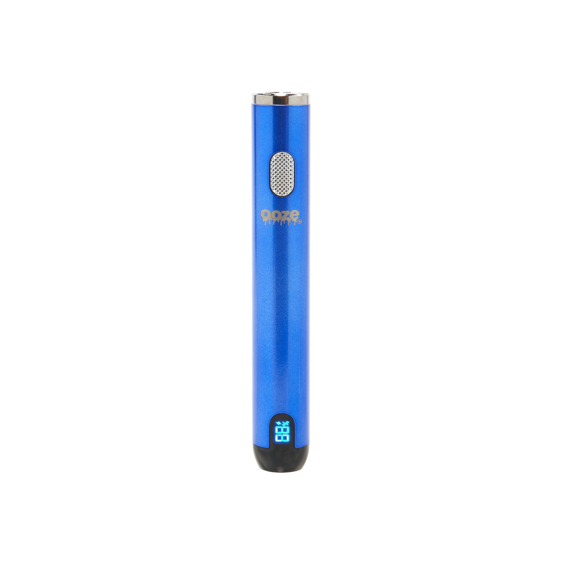 The sapphire blue Ooze Smart Battery is upright and turned on without the charger