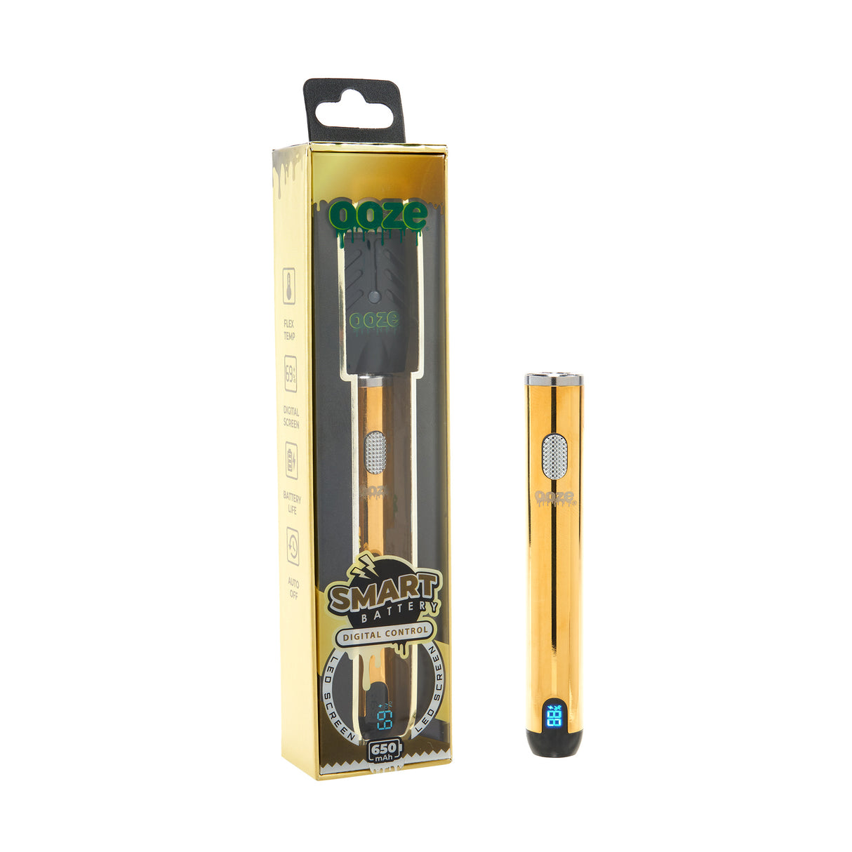 view of angled product box and front view of gold smart vape battery on the outside
