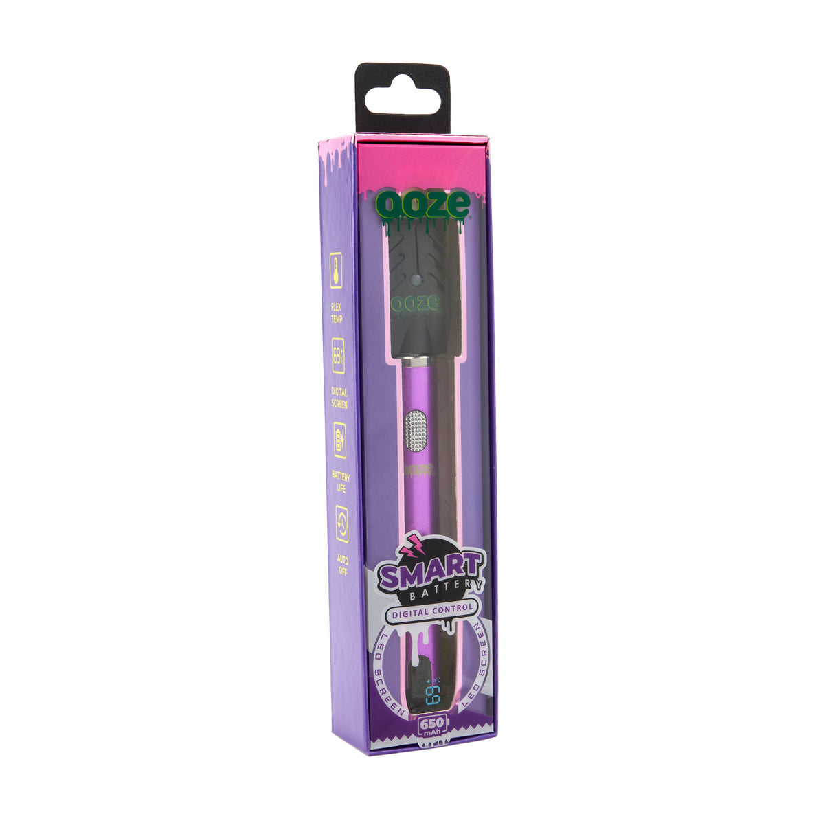 angled view of product box for purple smart vape battery