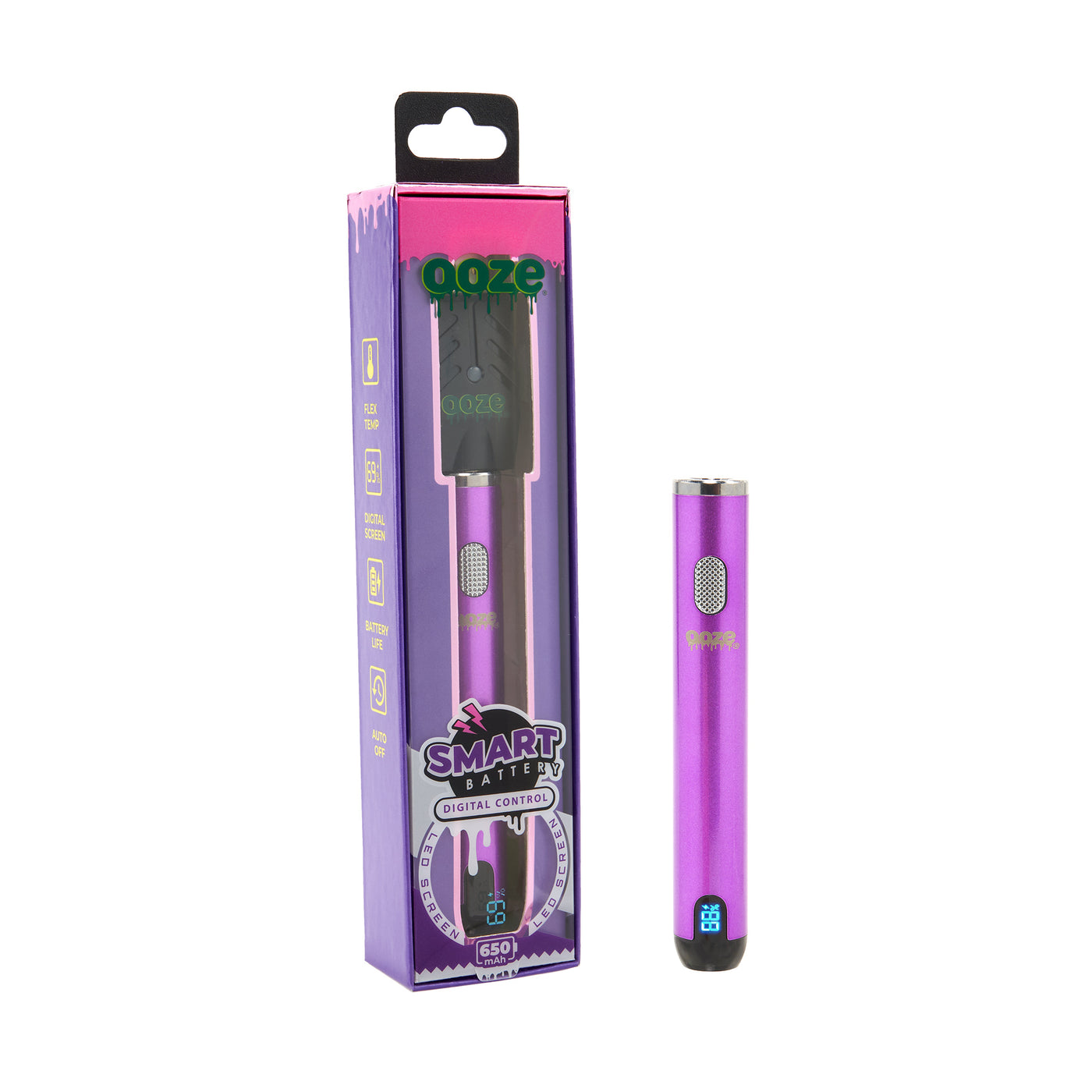 view of angled product box and front view of purple smart vape battery on the outside