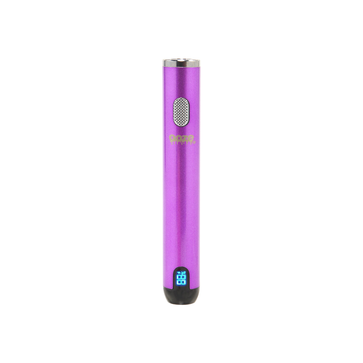 The ultra purple Ooze Smart Battery is upright and turned on without the charger