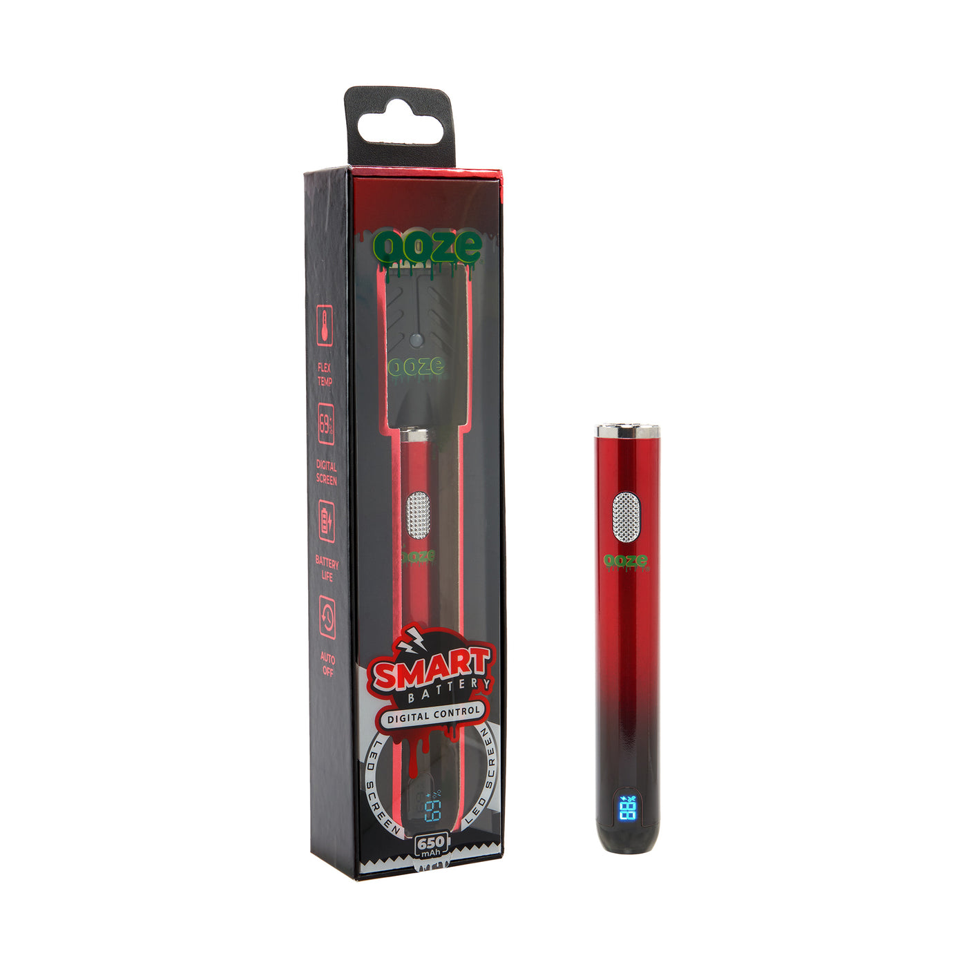 view of angled product box and front view of red and black smart vape battery on the outside