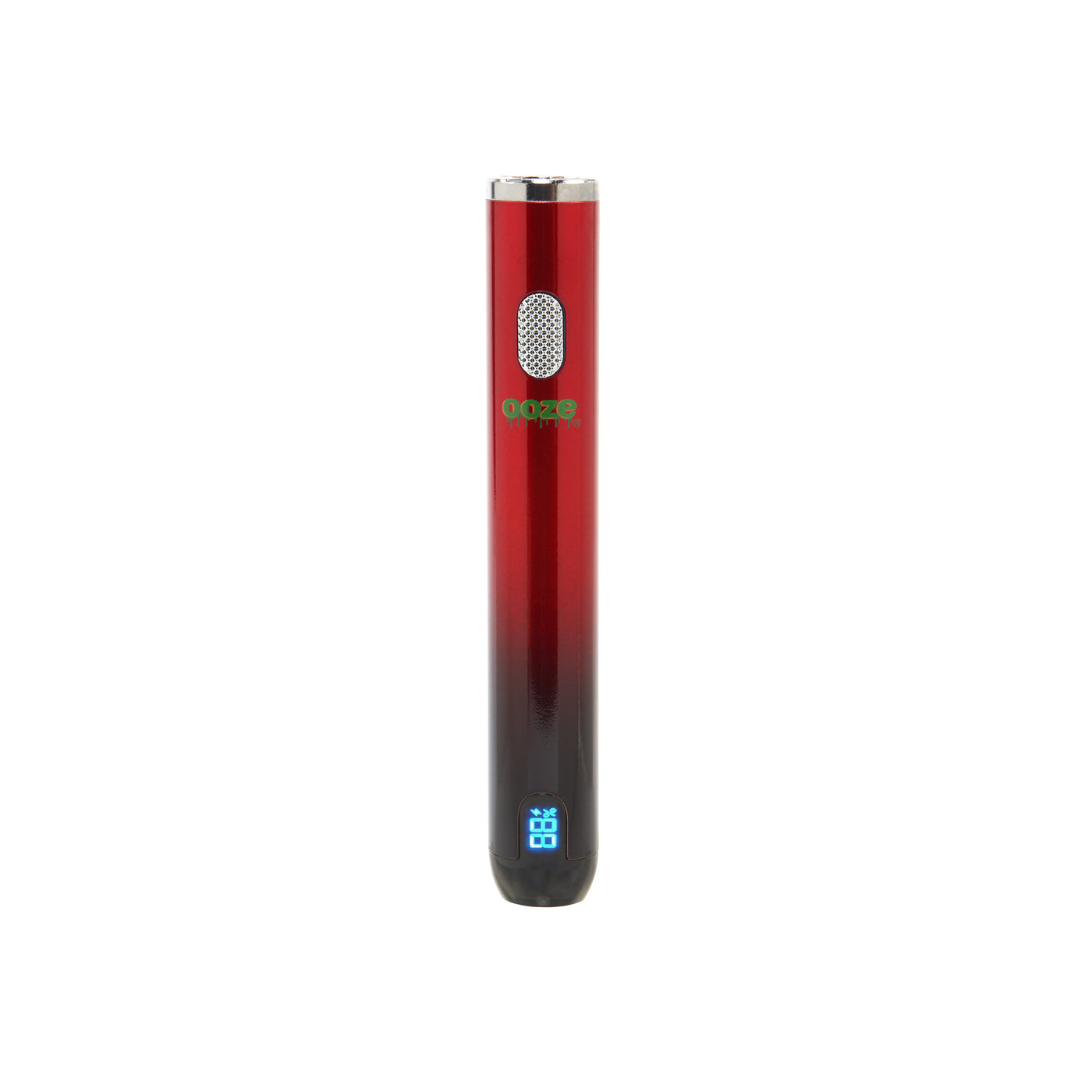 front view of red and black smart vape battery with LED screen