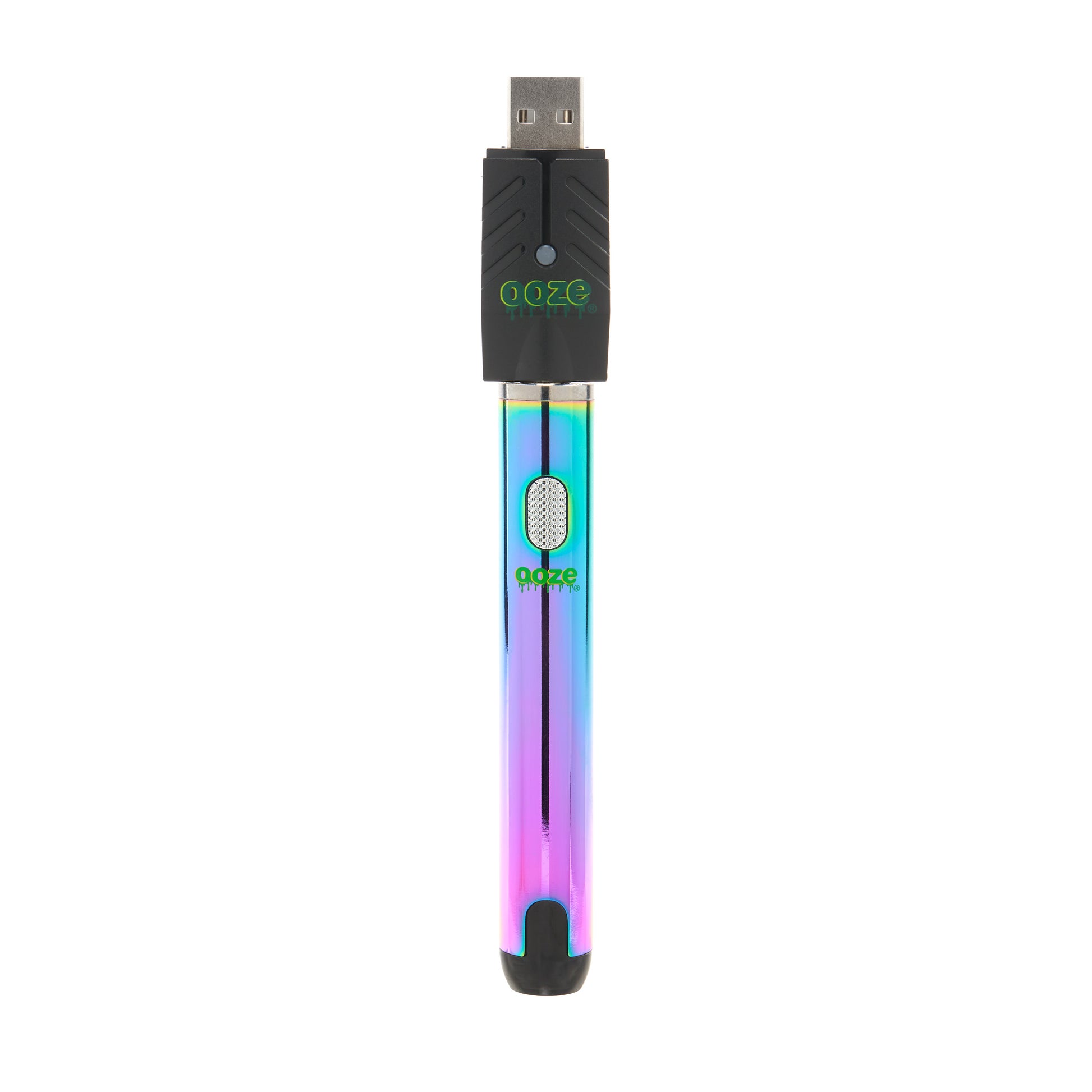The rainbow Ooze Smart Battery is upright with the charger attached