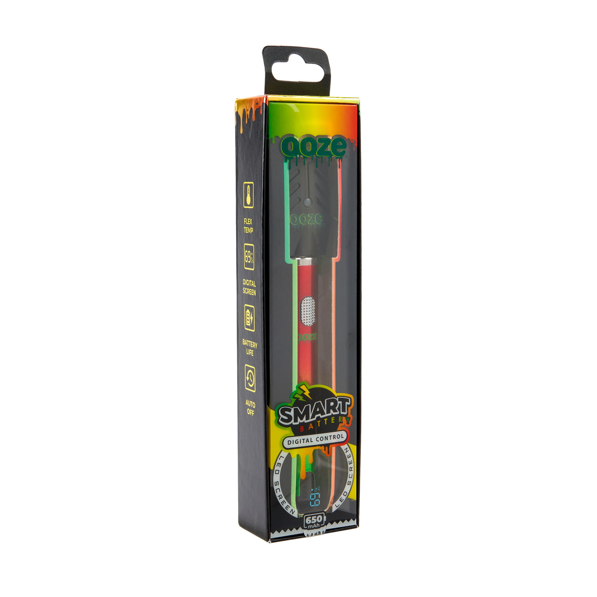 The rasta Ooze Smart Battery is in the box on an angle
