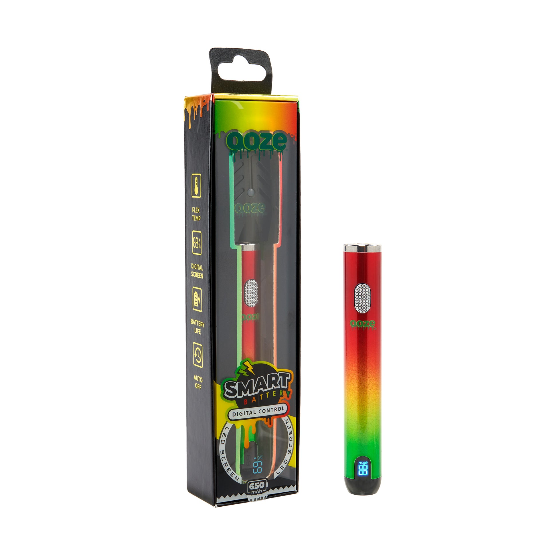 The rasta Ooze Smart Battery is upright and turned on next to the package