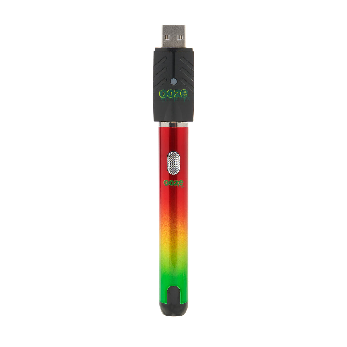 The rasta Ooze Smart Battery is upright with the charger attached