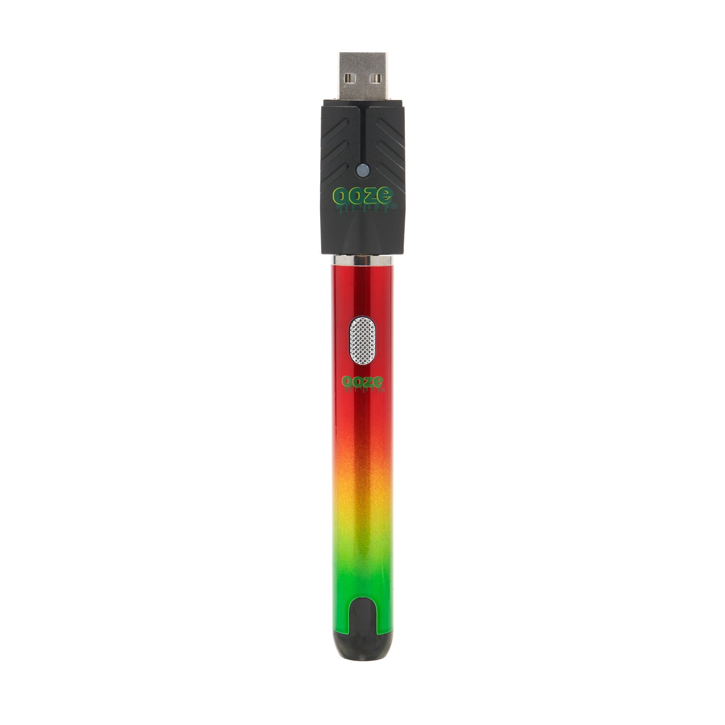 The rasta Ooze Smart Battery is upright with the charger attached