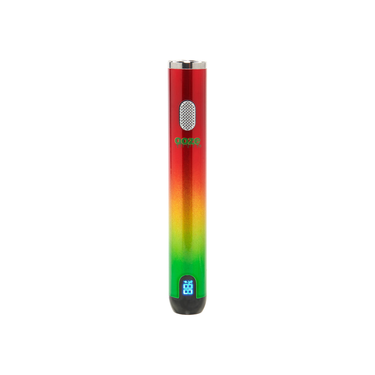 The rasta Ooze Smart Battery is upright and turned on without the charger