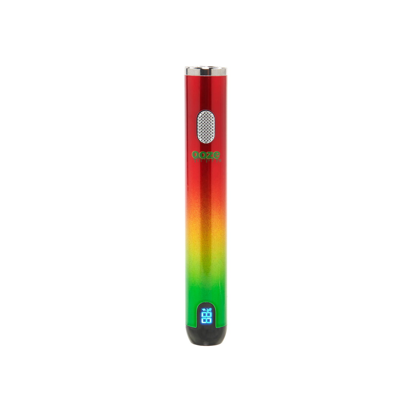The rasta Ooze Smart Battery is upright and turned on without the charger