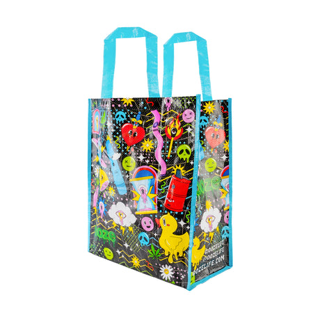 The large Ooze Time Warp resusable tote bag is shown on an angle with the light blue straps pointed up