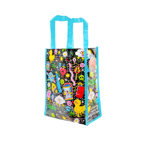 The small Ooze Time Warp reusable tote bag is displayed on an angle with the light blue straps pointed up
