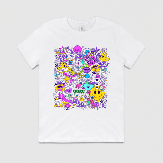 The front of the white Ooze Chroma t-shirt. It has a square of a bright, colorful design with lots of characters and the Ooze logo.