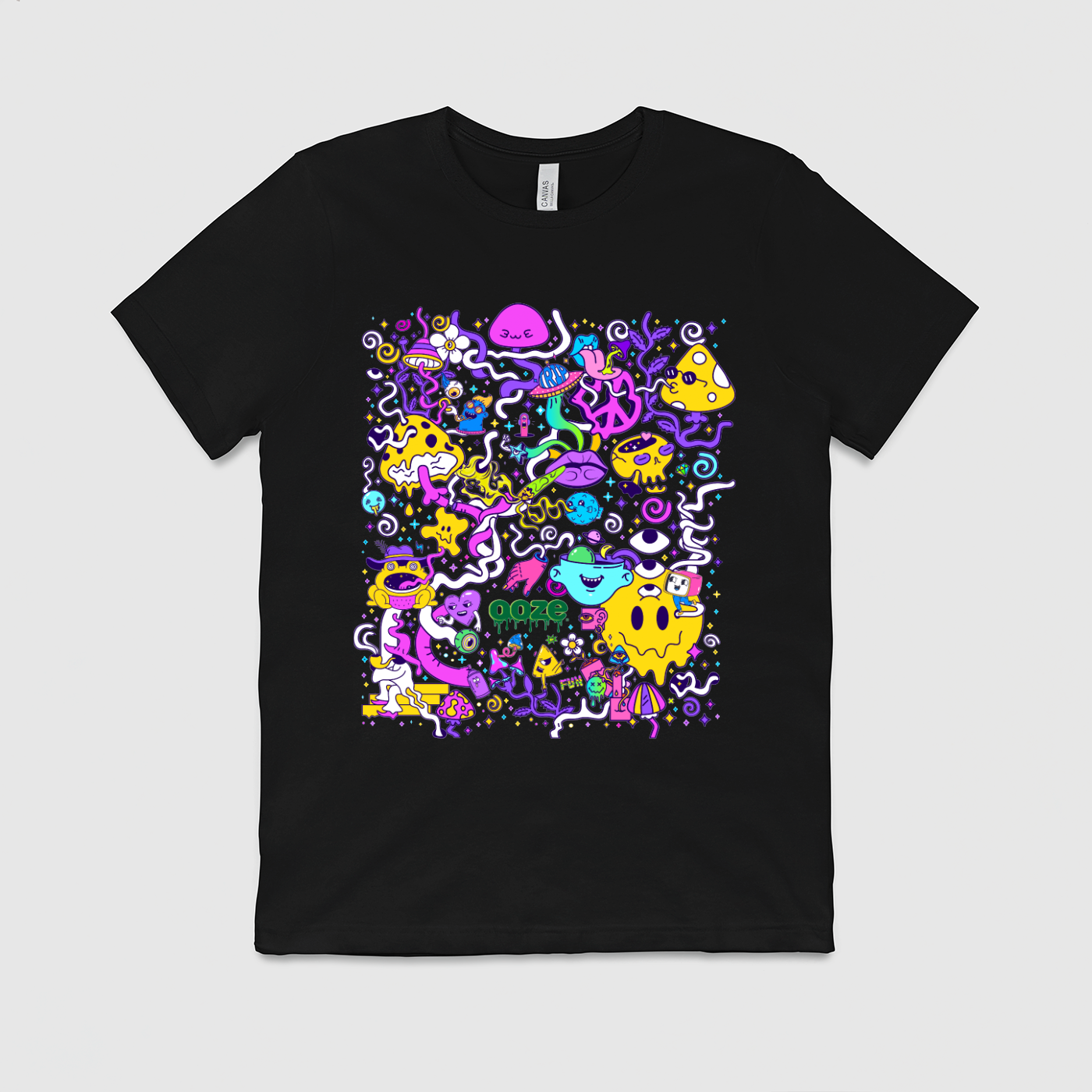 The front of the black Ooze Chroma t-shirt against a white background. It's a colorful design with lots of fun characters and the Ooze logo.