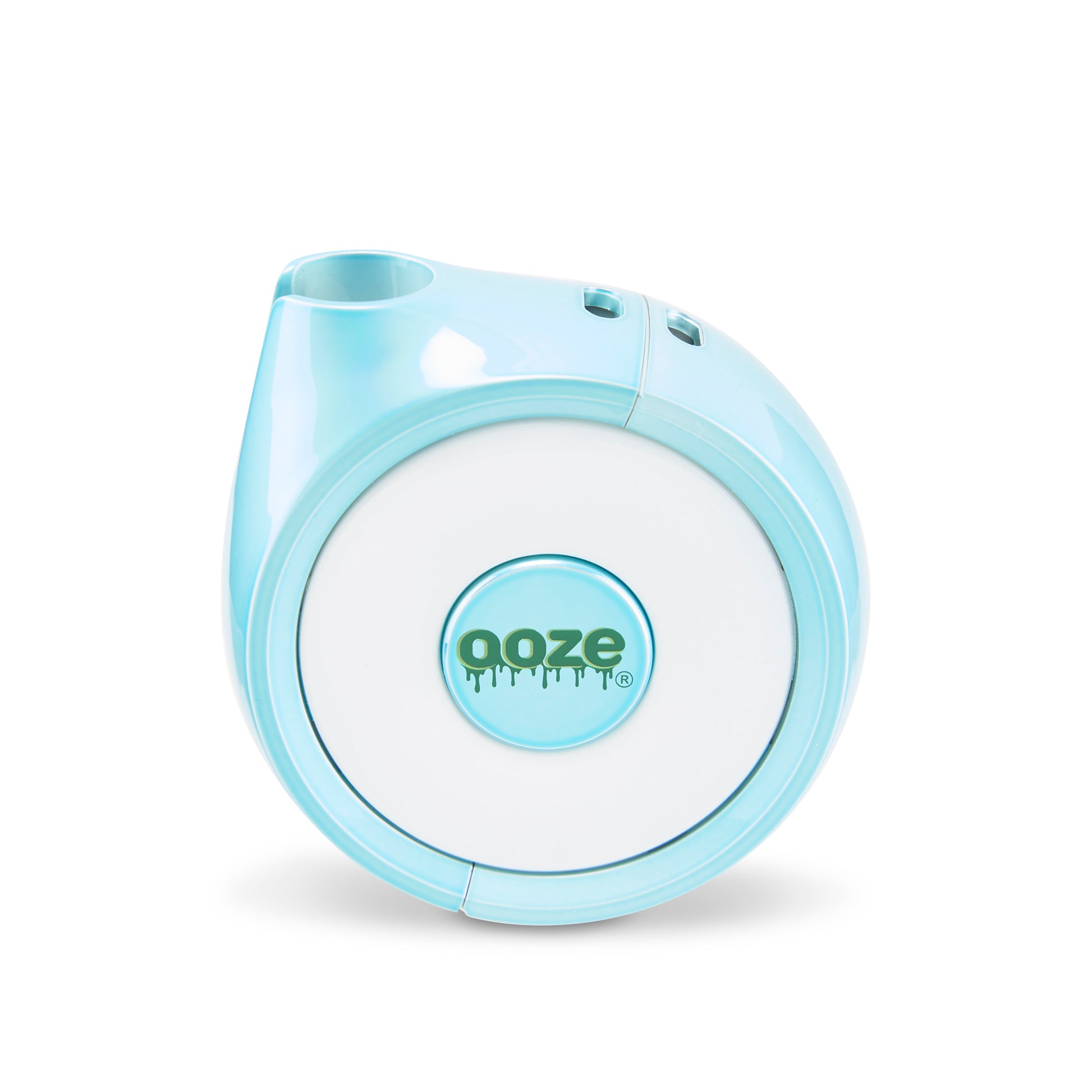 The Ooze Movez Speaker Vape in Arctic Blue is shown with the button facing the camera.
