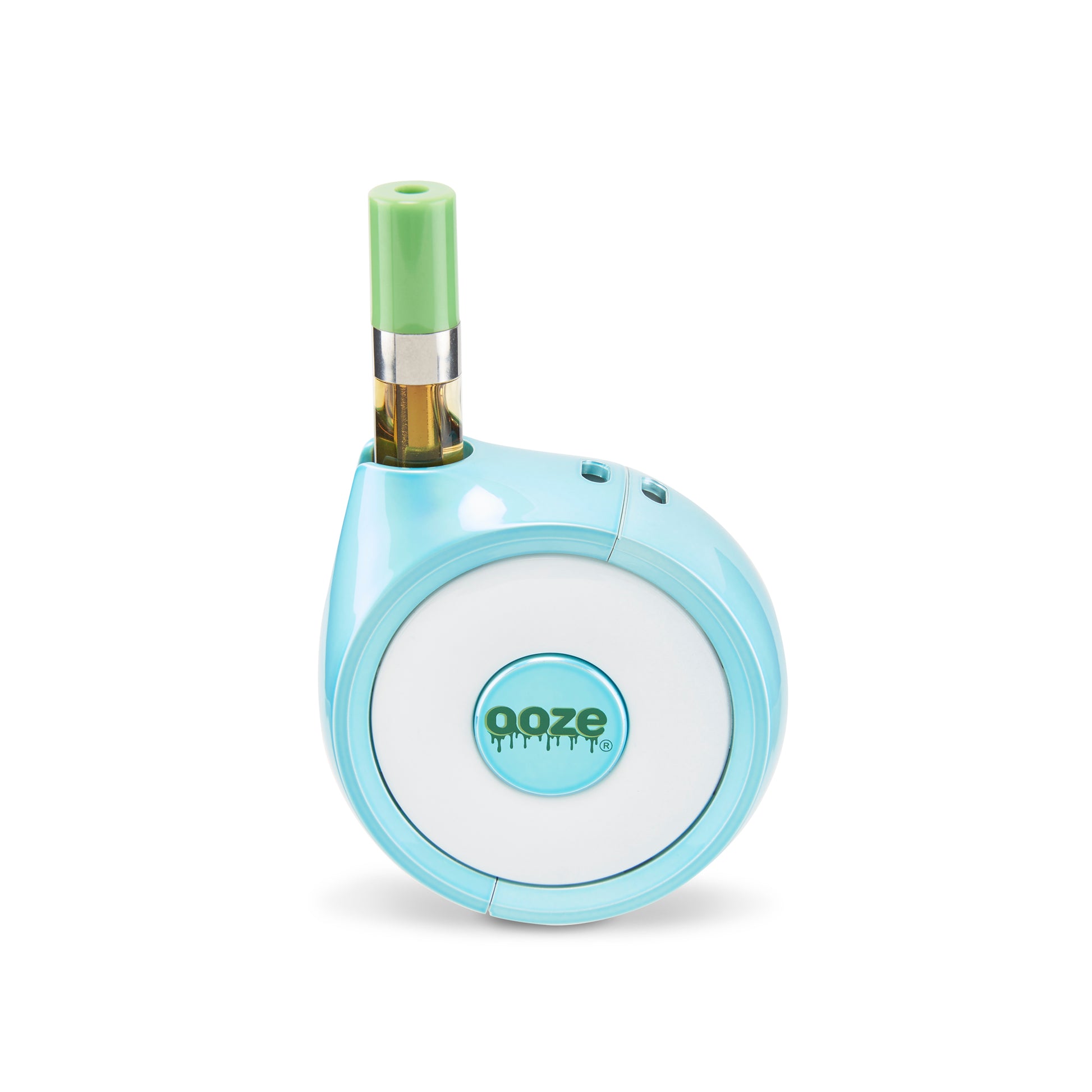 The Ooze Movez Speaker Vape in Arctic Blue is shown with an OozeX cartridge inserted.