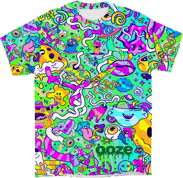 The front of the bright, multicolored Ooze Chroma All Over Tee Men's Crew Shirt against a white background.