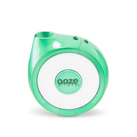 The Ooze Movez Speaker Vape in Mary Jade is shown with the button facing forward.
