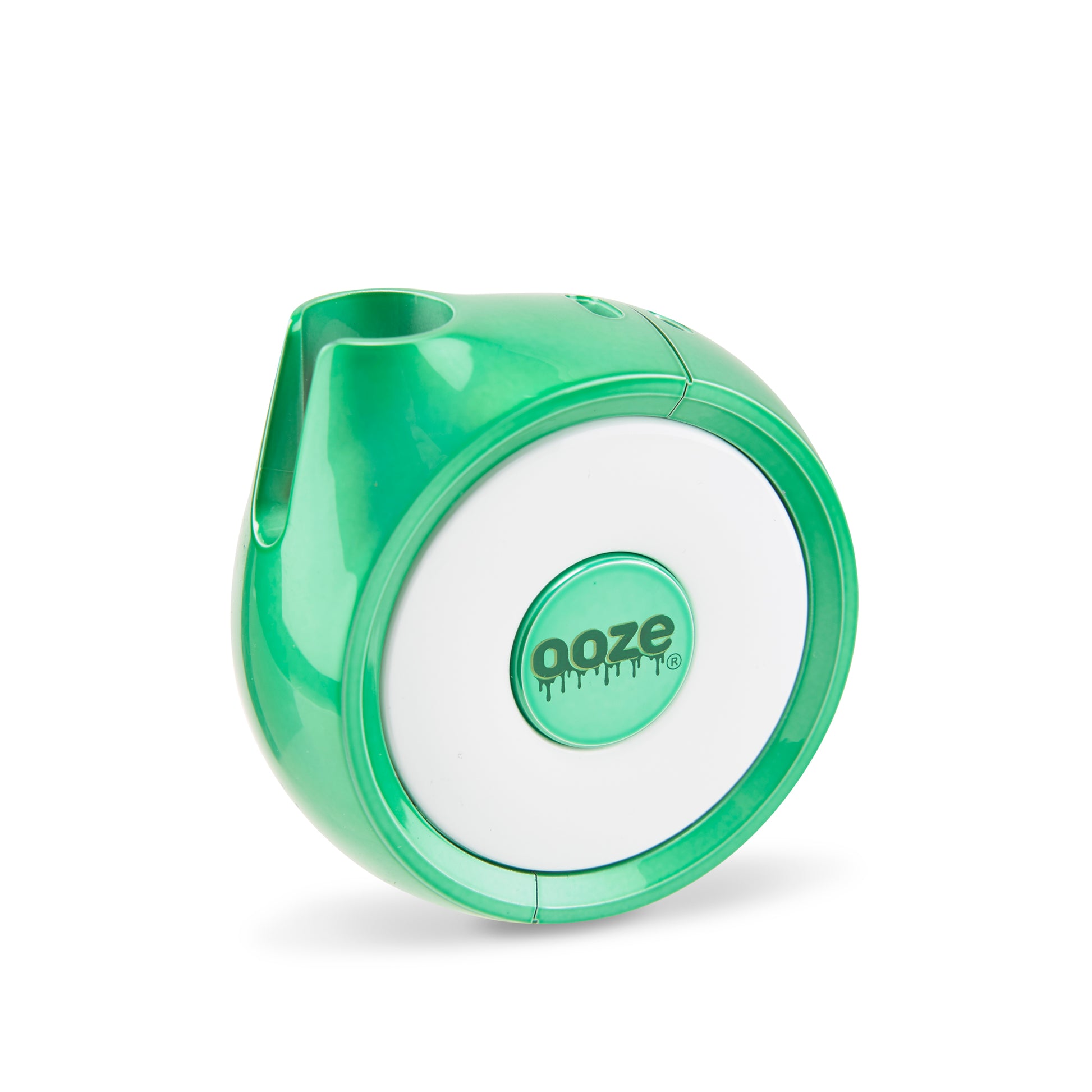 The Ooze Movez Speaker Vape in Mary Jade is shown on an angle wtih the cartridge chamber showing.